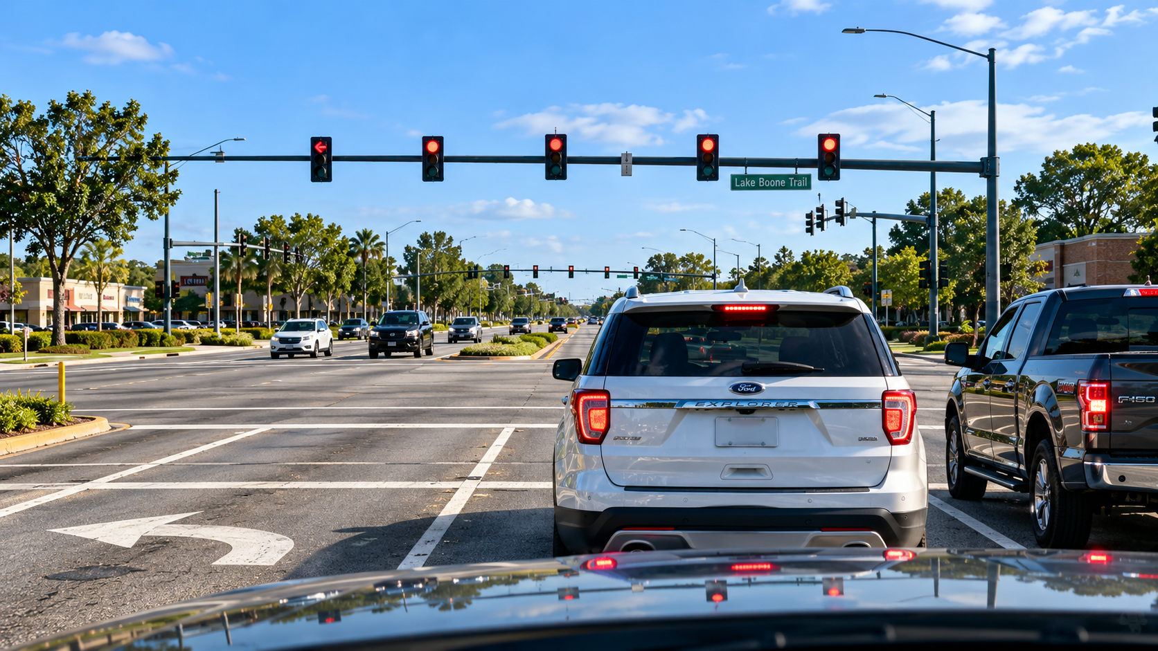 Typische Kreuzung in den USA mit Ampeln auf der gegenüberliegenden Straßenseite
