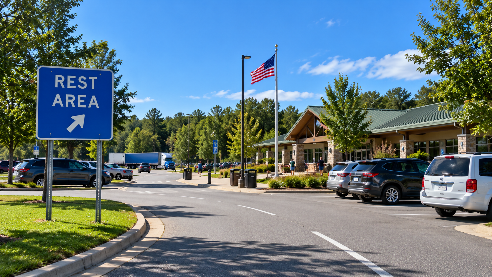 Rest Area mit Parkplatz und Rastgebäude an einer amerikanischen Interstate
