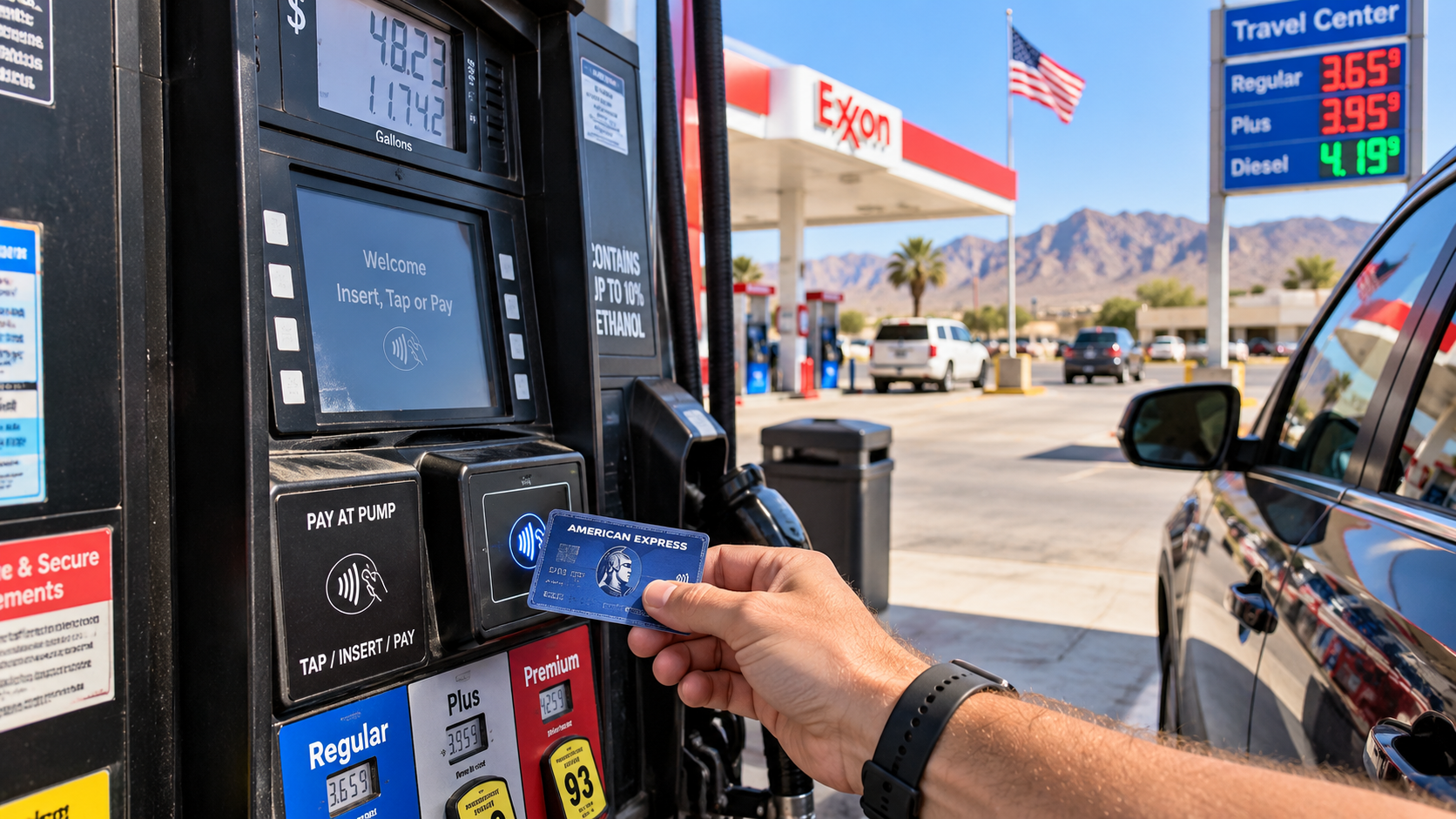 Bezahlen mit American Express an einer Zapfsäule in den USA