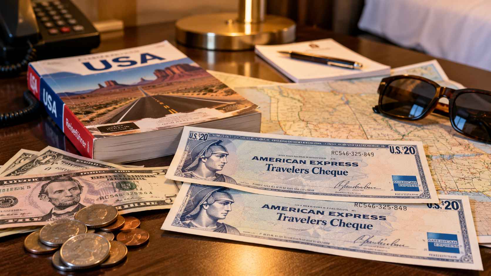 Traveller Cheques, Bargeld und Straßenkarte als Erinnerung an frühere USA-Reisen