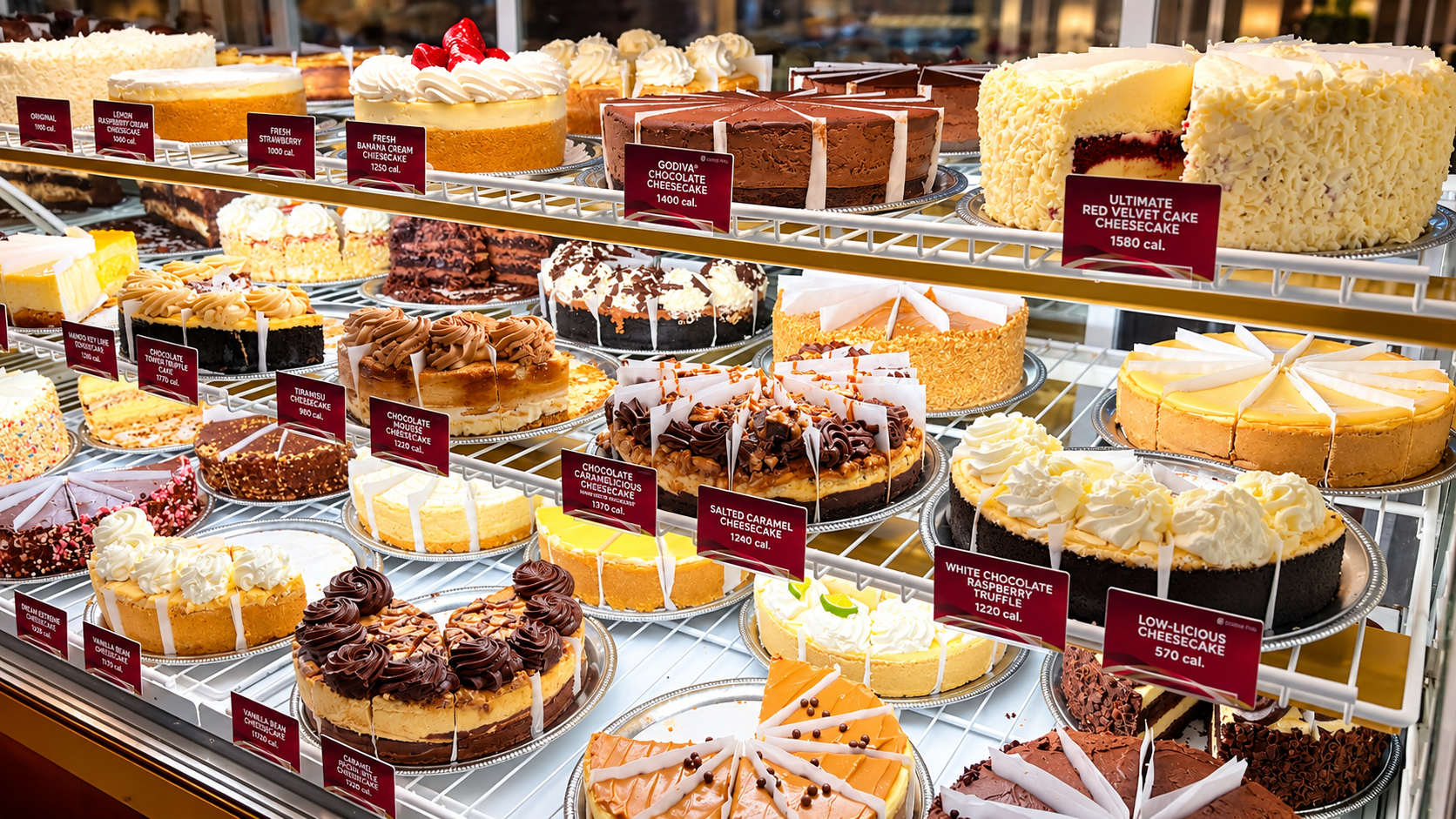 Große Auswahl verschiedener Cheesecakes in der Kuchentheke von The Cheesecake Factory