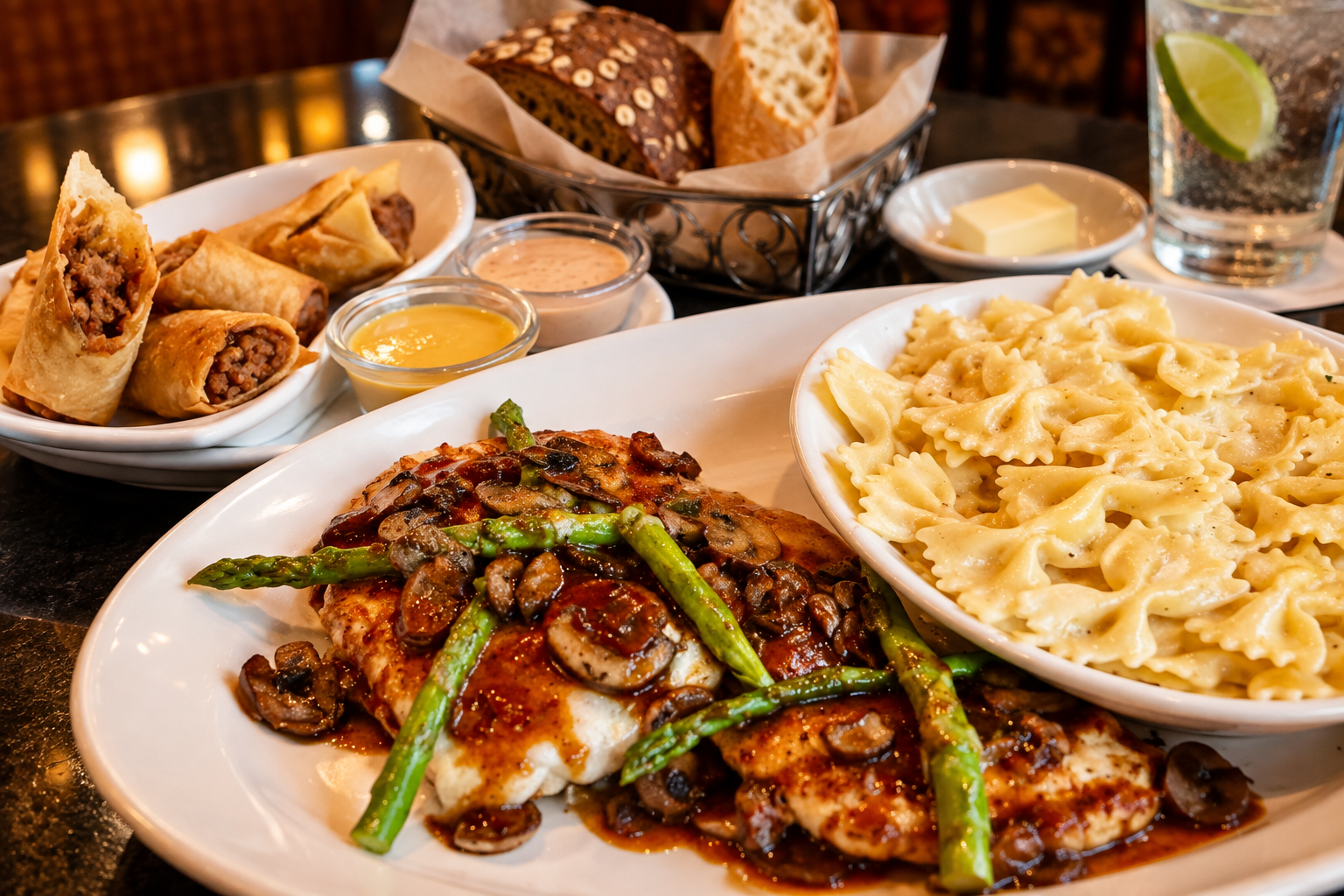 Chicken-Gericht, Alfredo Pasta, Cheeseburger Spring Rolls und Brot bei The Cheesecake Factory