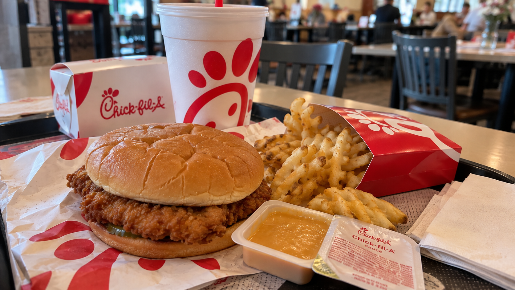 Chick-fil-A Chicken Sandwich mit Waffle Fries und Chick-fil-A Sauce