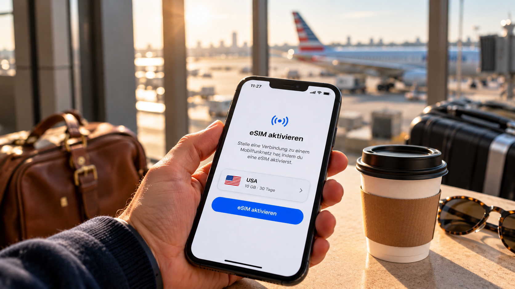 Smartphone mit USA-eSIM vor der Abreise am Flughafen