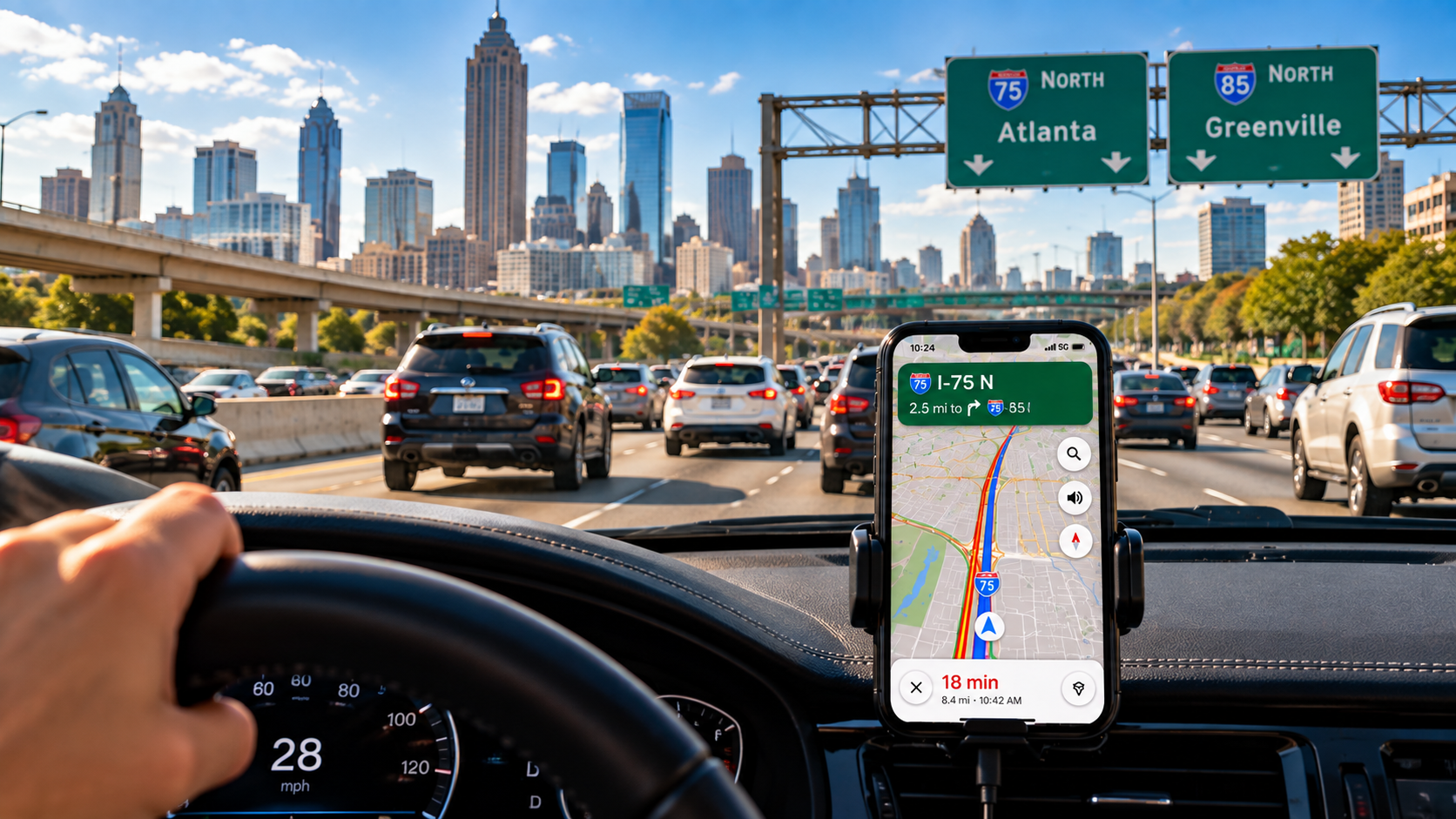 Smartphone mit Navigation im Mietwagen auf einer viel befahrenen Interstate