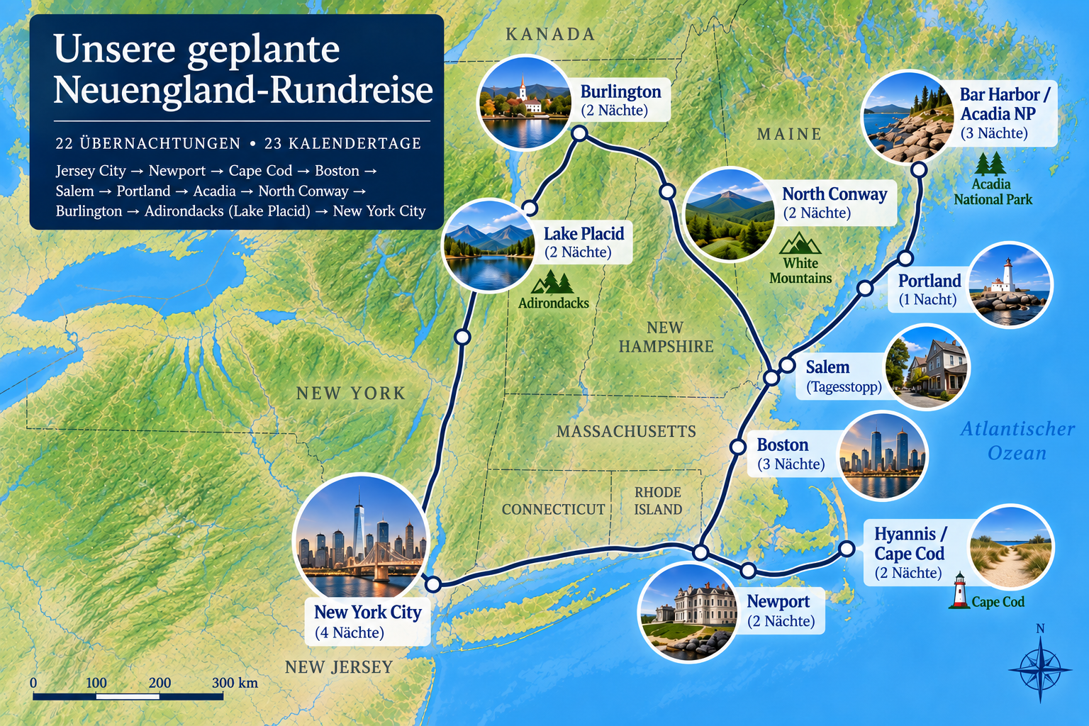 Geplante Neuengland-Rundreise von New York über Cape Cod, Maine, Vermont und die Adirondacks