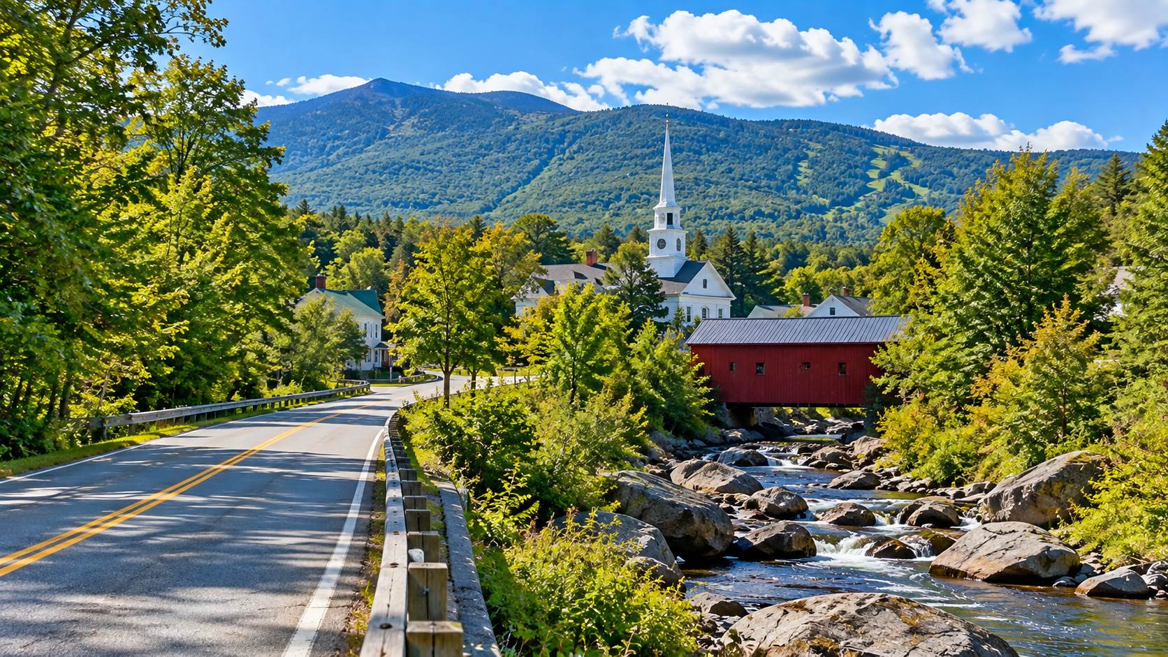 Sommerliche Landschaft bei Stowe in Vermont mit Green Mountains