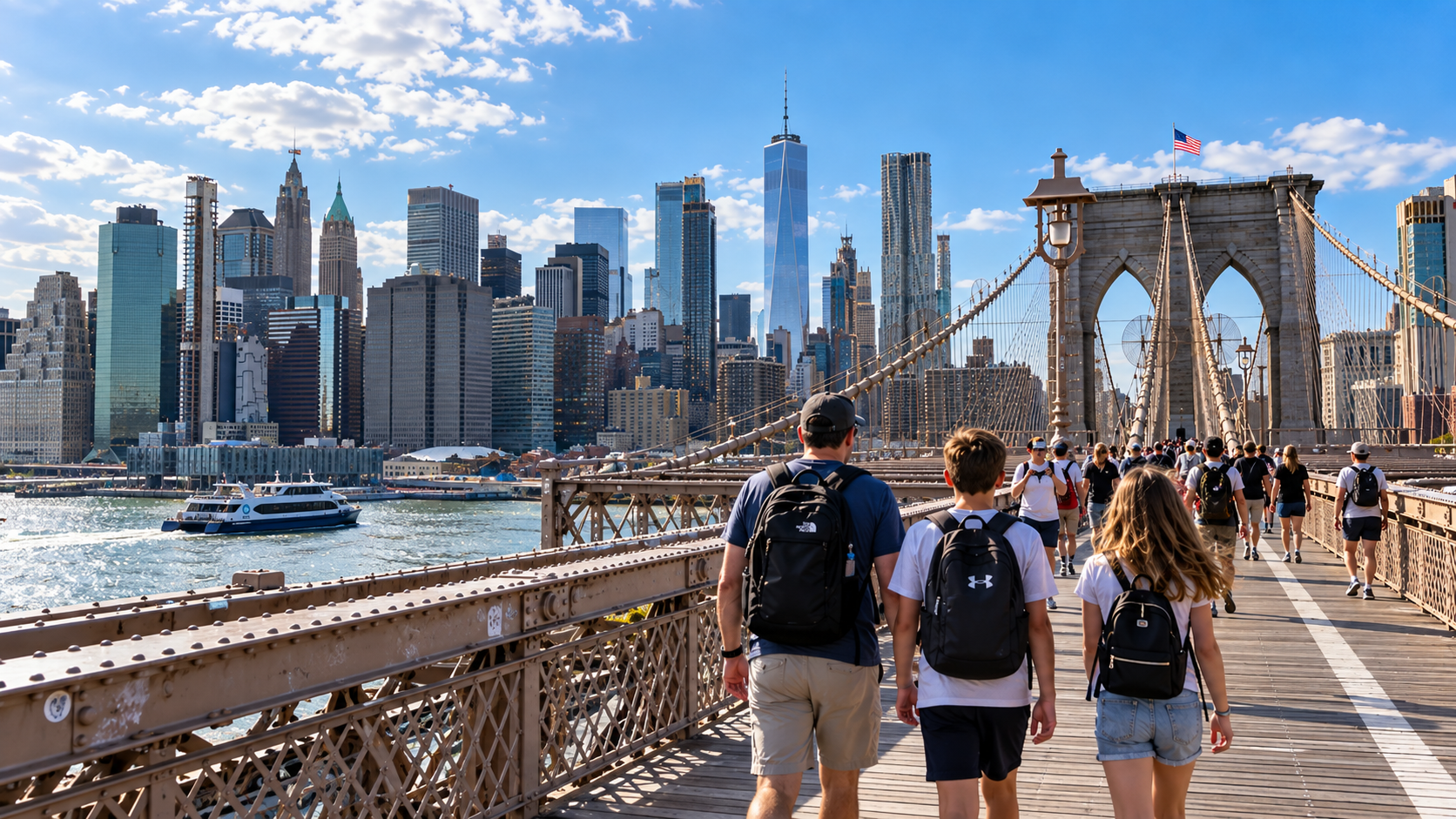 Familie auf der Brooklyn Bridge mit Blick auf die Skyline von Lower Manhattan