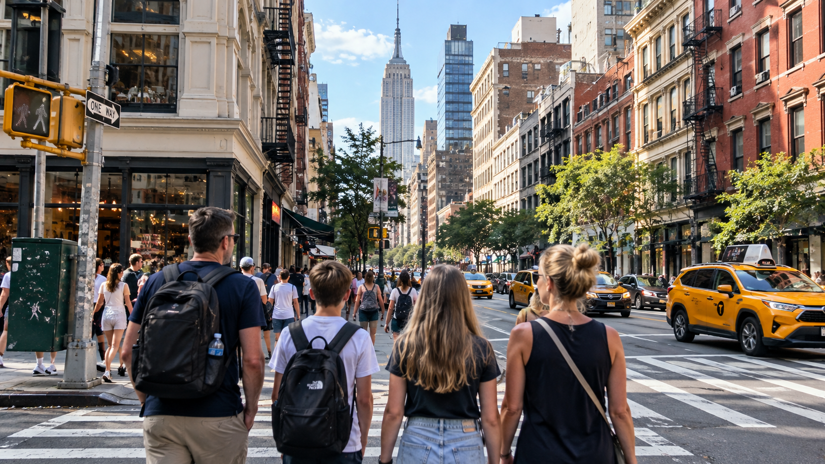 Familie unterwegs auf einer Straße in Manhattan mit Empire State Building und gelben Taxis