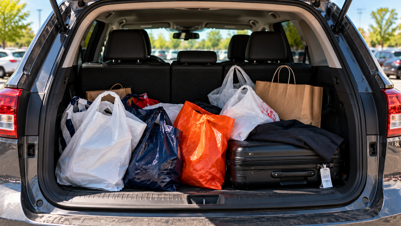 Kofferraum eines Mietwagens mit Einkaufstüten nach einem Shoppingtag in den USA