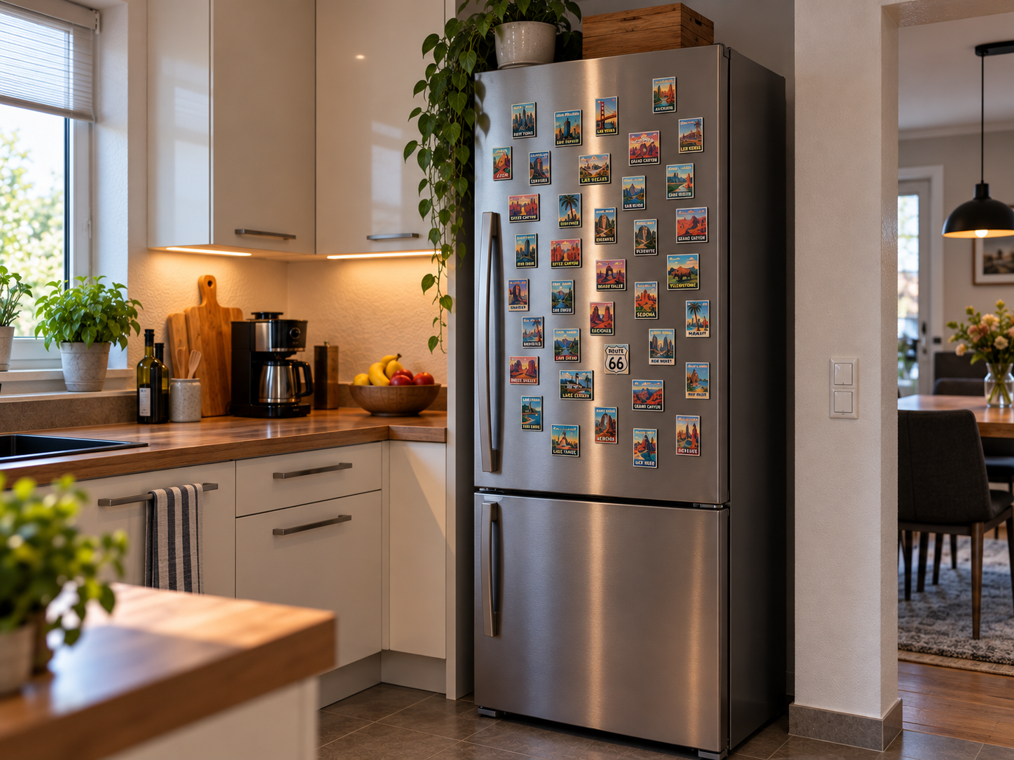 Kühlschrank mit zahlreichen Reisemagneten aus den USA