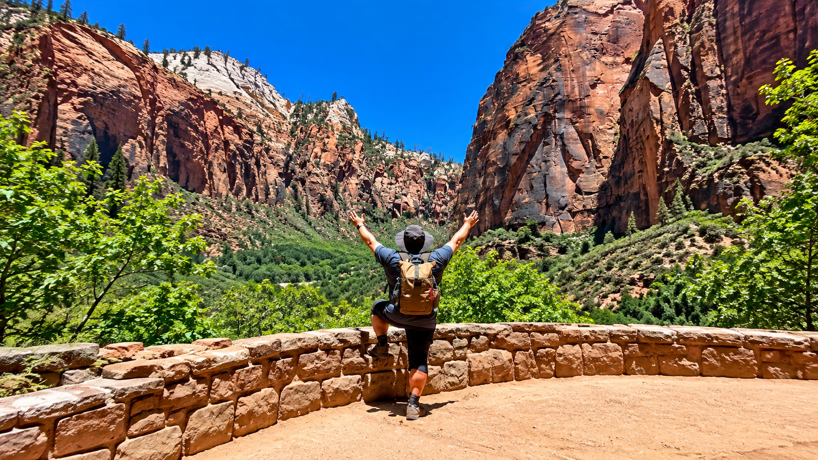 Michael im Zion National Park vor den mächtigen roten Felswänden