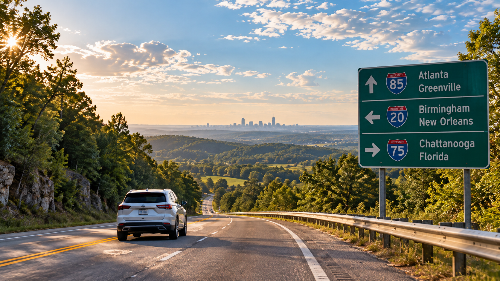 Mietwagen auf einer Straße mit Wegweisern zu verschiedenen Zielen in den USA