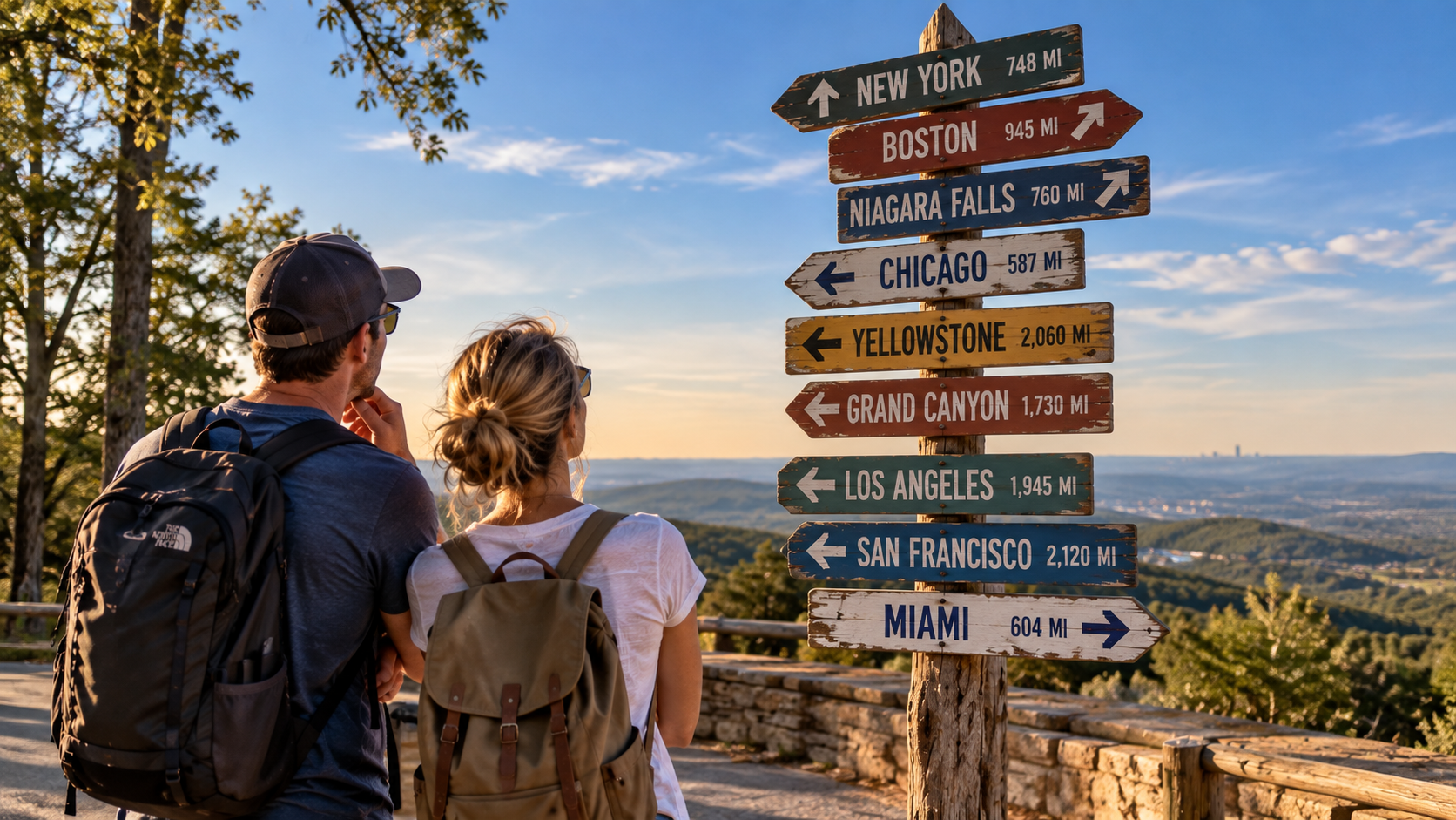 Paar vor einem Wegweiser mit verschiedenen Reisezielen in den USA
