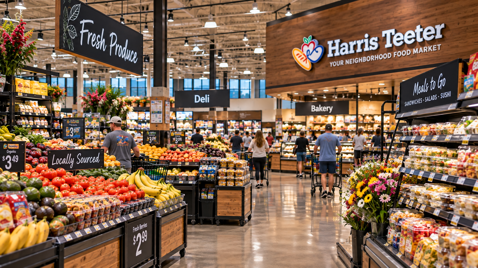 Blick in einen Harris Teeter Supermarkt mit Frischeabteilung, Deli und Lebensmittelregalen