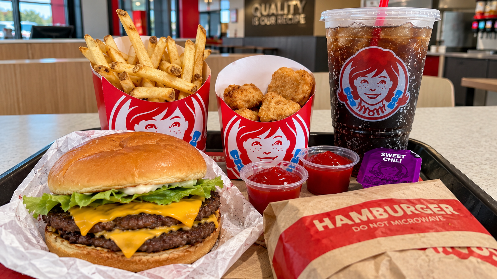 Dave's Double mit Chicken Nuggets, Pommes und Getränk bei Wendy's