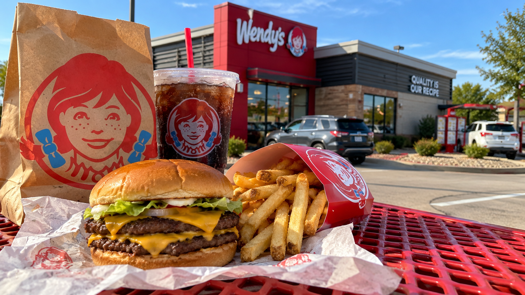 Wendy's Restaurant in den USA mit Burger, Pommes und Getränk