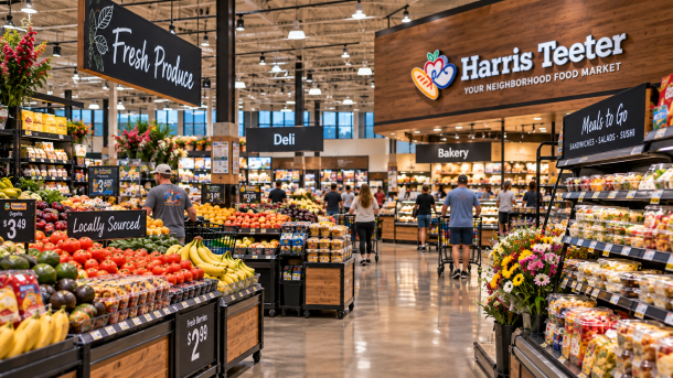 Blick in einen Harris Teeter Supermarkt mit Frischeabteilung, Deli und Lebensmittelregalen